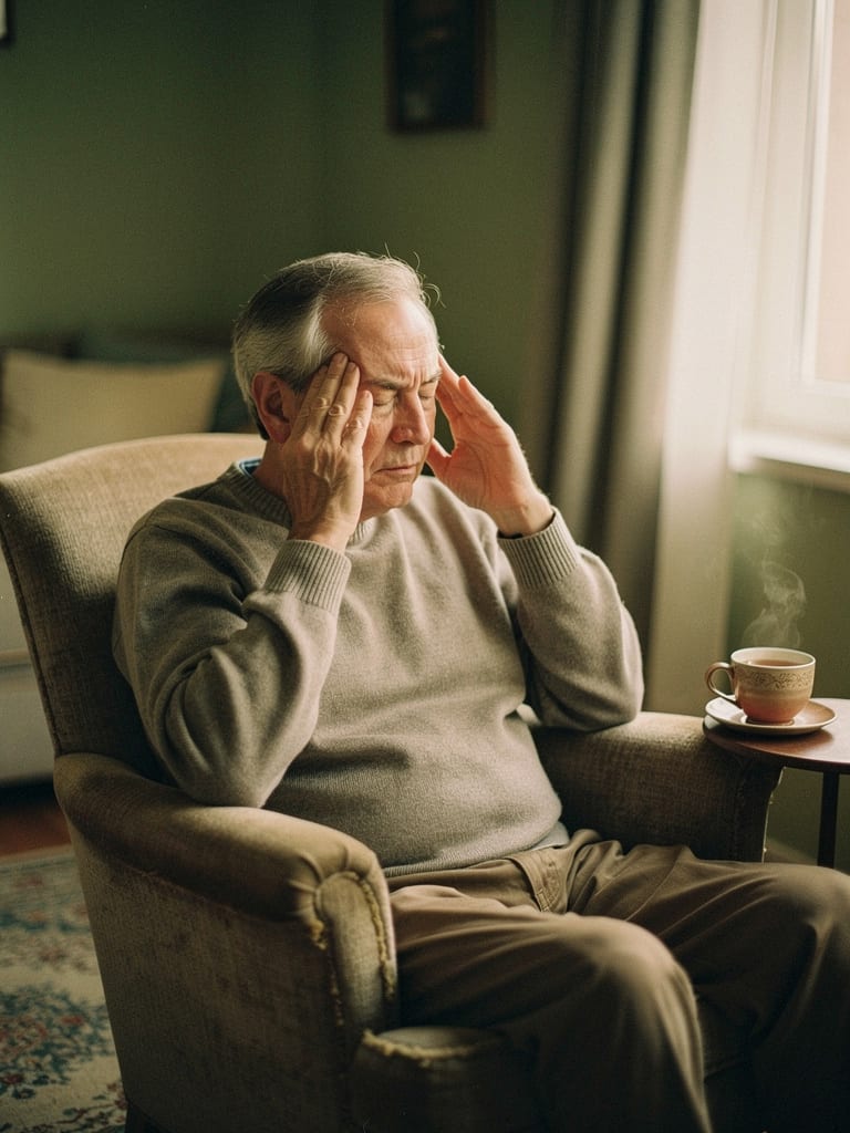 An older man resting in an armchair by the window, eyes closed, fingertips lightly touching his temples.