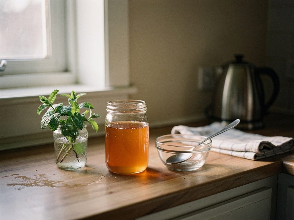 A bright home kitchen in the morning with a jar of honey, fresh mint and a small glass dish on the counter.